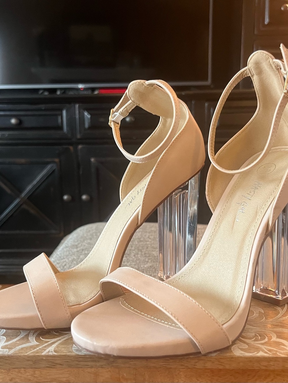 Nasty Gal Nude Ankle-Strap Clear Block Heel Sandals Sz. US 7